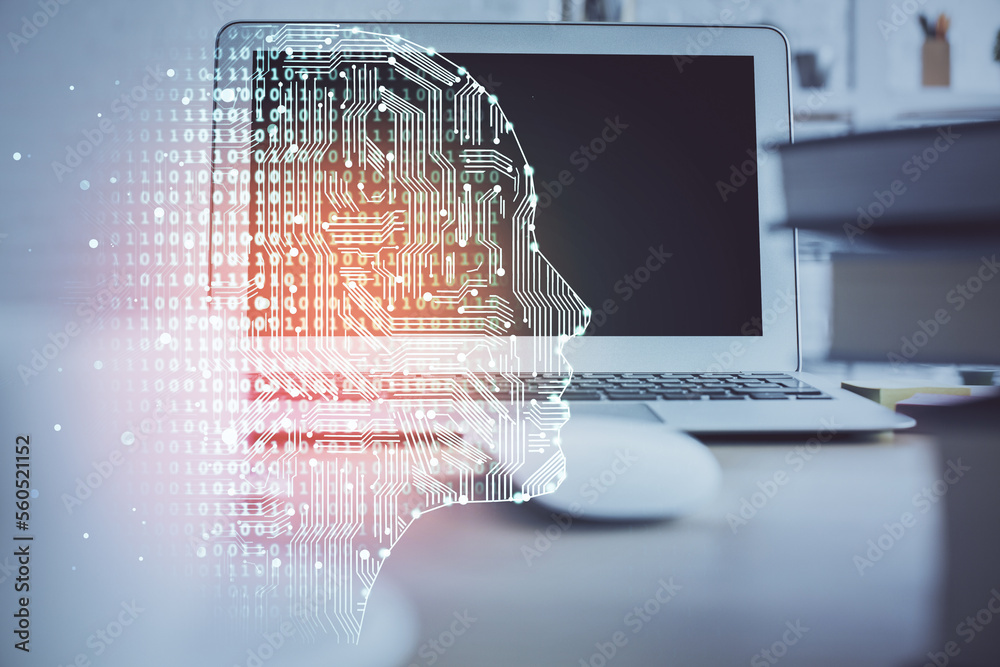 Poster Double exposure of work table with computer and brain sketch hologram. Brainstorming concept.
