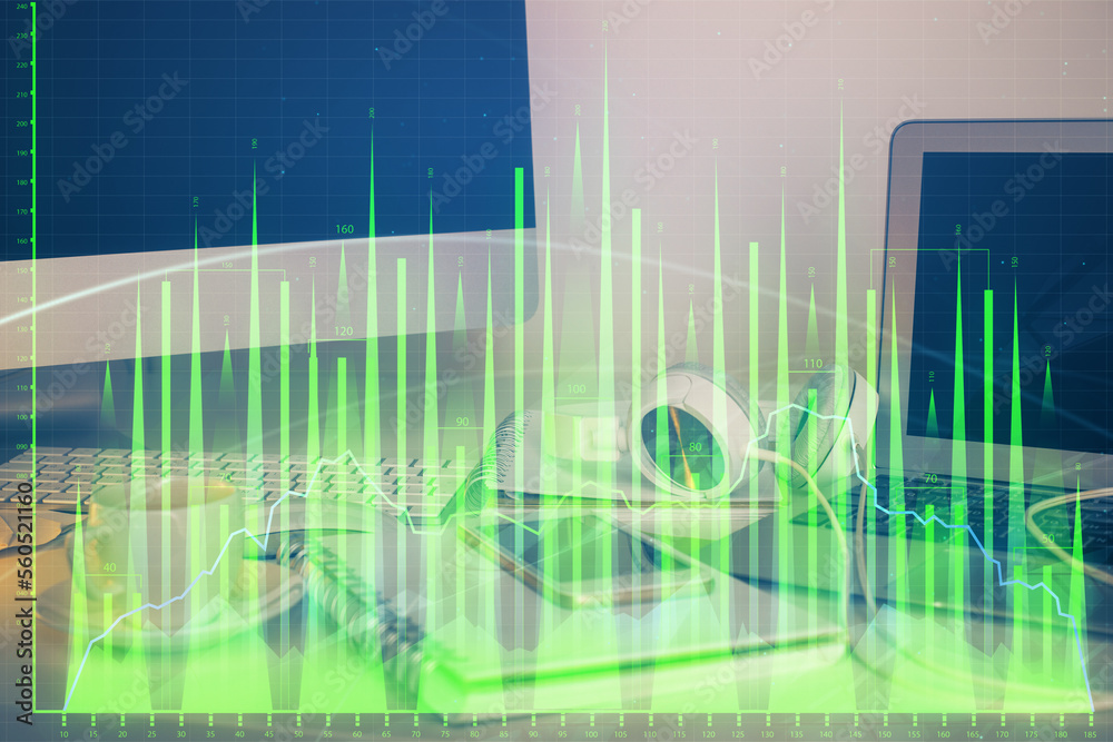 Poster Financial chart drawing and table with computer on background. Multi exposure. Concept of international markets.