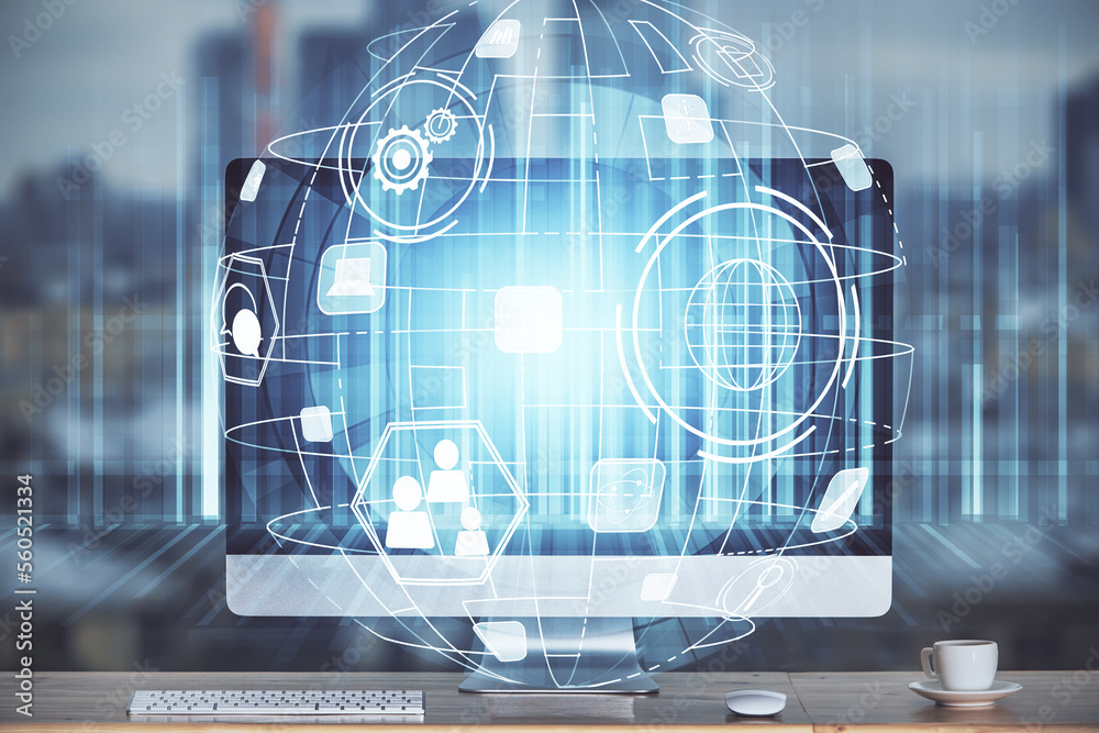 Aufkleber computer on desktop with social network theme icon. multi exposure. concept of international connect