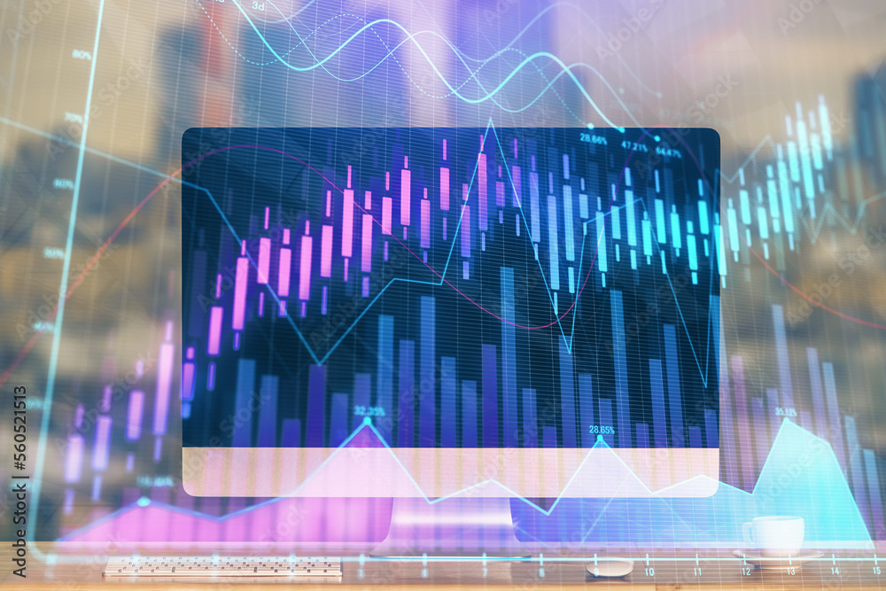 Poster Financial chart drawing and table with computer on background. Multi exposure. Concept of international markets.