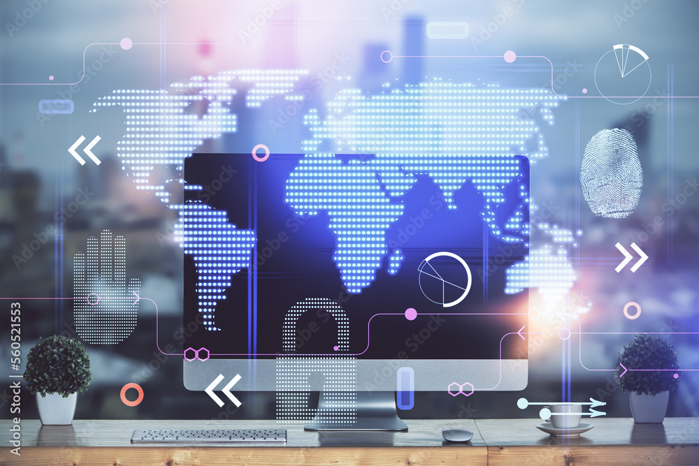 Poster Multi exposure of table with computer and world map hologram. International data network concept.