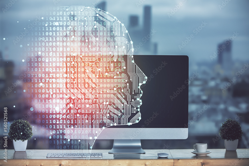 Poster Double exposure of table with computer and brain hologram. Data innovation concept.