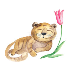 Cute baby tiger and tulip isolated on white background. Watercolor hand drawn illustration. Perfect for kid cards and posters, clothes prints and wallpaper design.