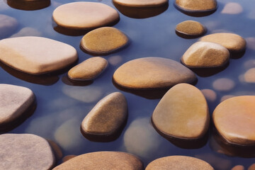 Fototapeta na wymiar Pebbles in shallow water created with Generative AI technology