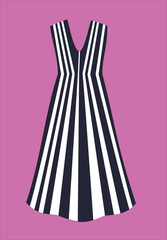 Vertical striped fashionable women's dress mockup. White and dark blue. Fabric design showcases templates and clothes. Maxi is long. Technical vector illustration