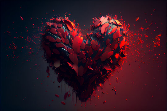 Explosion of red heart in fragments on black background 3D Illustration