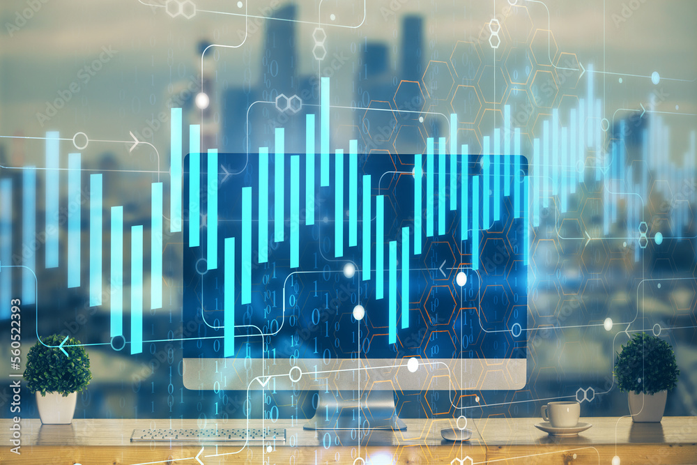 Poster Financial chart drawing and table with computer on background. Multi exposure. Concept of international markets.