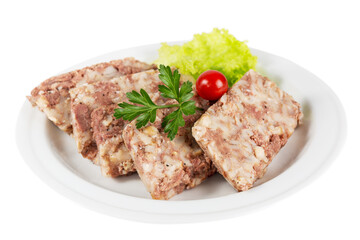 Pearl porridge with meat cut into slices, cherry tomatoes and greens
