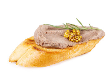 Meat pate on a baguette with Dijon mustard and arugula