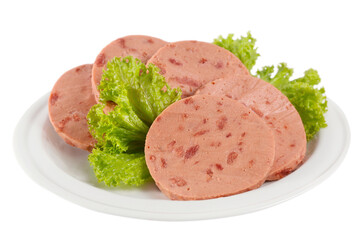 Canned beef sausage on a plate with lettuce