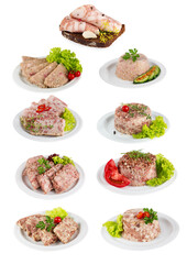 Collection of canned lunches for tourists, various cereals with meat served on white plates