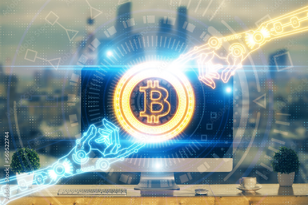 Poster Multi exposure of blockchain theme hologram and table with computer background. Concept of bitcoin crypto currency.