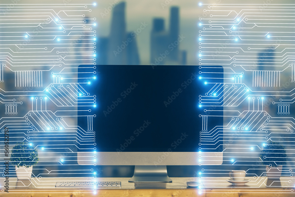 Poster computer on desktop in office with technology theme hologram. multi exposure. tech concept.