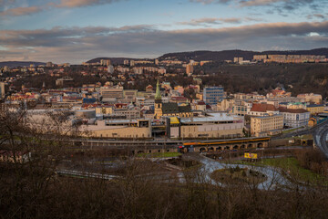 View for centre of city in winter cloudy evening 12 24 2022 Usti nad Labem CZ