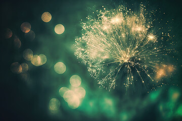 vintage green and gold New Year's Eve fireworks, bokeh, and copy space. holiday with an abstract backdrop. Generative AI