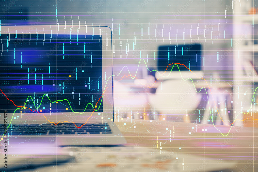Poster financial chart drawing and table with computer on background. multi exposure. concept of internatio