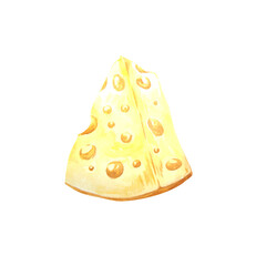 Watercolor drawing of fresh, natural cheese. Isolated on white background. Farm dairy products. Can be used for packaging design of dairy products, recipes, prints, napkins, postcards, advertising.