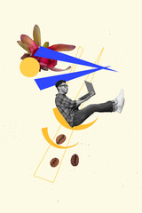 Vertical creative photo collage illustration of impressed shocked astonished man falling hold laptop isolated on white color background