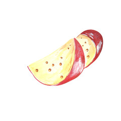 Watercolor drawing of fresh, natural cheese. Isolated on white background. Farm dairy products. Can be used for packaging design of dairy products, recipes, prints, napkins, postcards, advertising.