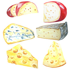 Watercolor drawing of fresh, natural cheese. Set. Isolated on white background. Farm dairy products. Can be used for packaging design of dairy products, recipes, prints
