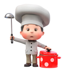 3D illustration the boy cooks with a saucepan and ladle
