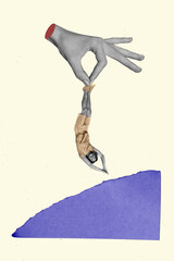 Vertical creative photo collage illustration of big hand throw in water happy positive excited man...