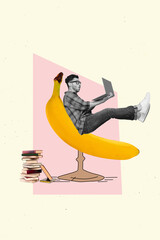 Magazine creative template collage of nerd programmer guy sit unique chair banana decor working laptop studying books