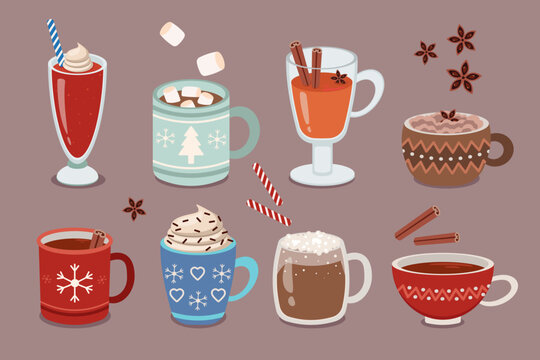Hot drinks for winter holidays vector illustrations set. Collection of cartoon drawings of hot chocolate or coffee in cups or mugs isolated on grey background. Christmas, winter, beverage concept