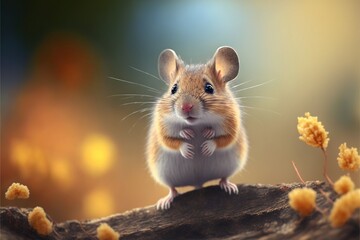  a mouse sitting on a branch with a blurry background behind it and a blurry background behind it, with a blurry background of yellow flowers and a blurry background, with a.