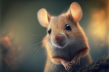  a mouse with a big smile on its face and a blurry background behind it is a dark background with a yellow and blue hued area with a few white dots and a few.