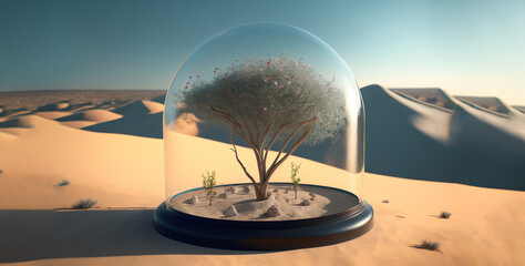 Desert oasis with green tree protected by a glass dome, Generative AI