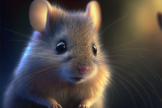  a digital painting of a mouse looking at the camera with a blurry background of a blurry background and a blurry background of a mouse's head and tail, with a.