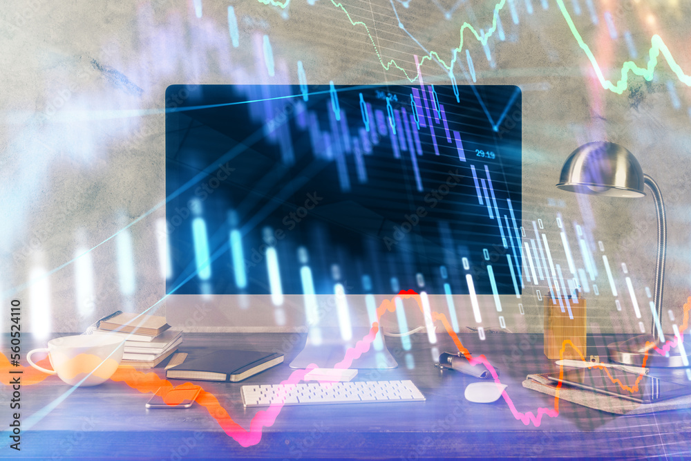 Poster Financial chart drawing and table with computer on background. Multi exposure. Concept of international markets.