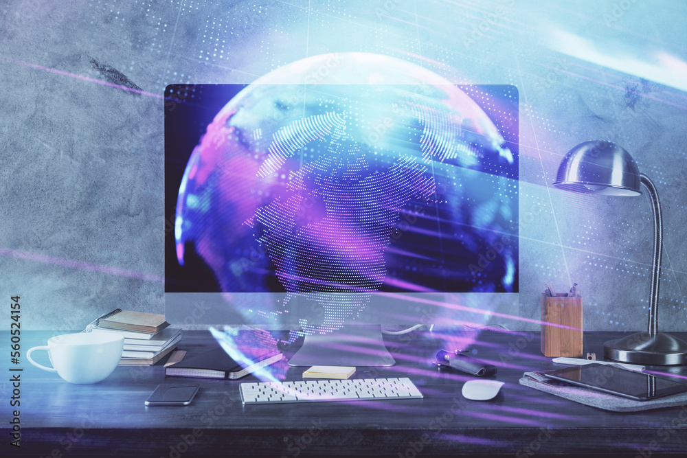 Aufkleber Computer on desktop in office with technology theme hologram. Multi exposure. Tech concept.