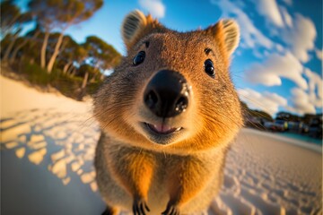 Naklejka premium a close up of a small animal on a beach with trees in the background and a blue sky with clouds in the background and a blue sky with white clouds and yellow and black line.