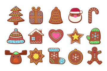 Gingerbread cookies for winter holidays vector illustrations set. Cartoon drawings of biscuits in shape of gift, bell, Santa, stocking on white background. Christmas, celebration, food concept