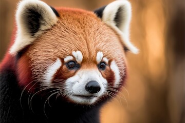  a red panda with white markings on its face and nose, looking at the camera with a blurry background of trees and leaves in the background, with a blurry foreground,.