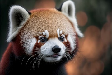 Obraz premium a red panda bear with a funny look on its face and eyes, with a blurry background of trees and leaves in the background, with a soft focus on the foreground, a.