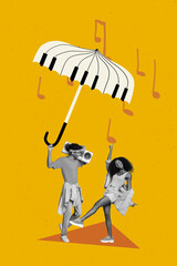 Vertical collage image of two black white effect positive people hold big piano umbrella listen music dancing isolated on yellow background