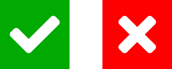 Yes and No or Right and Wrong or Approved and Declined Icon Set with Check Mark and X Cross Sign in Green and Red Squares. Vector Image.	
