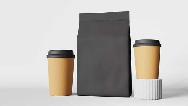 Paper coffee cups black lid pouch bag mockup on podium 3D animation loop. Coffee shop discount demonstration delivery. Hot drinks sale Merchandise promo design Blank packaging template roasted arabica
