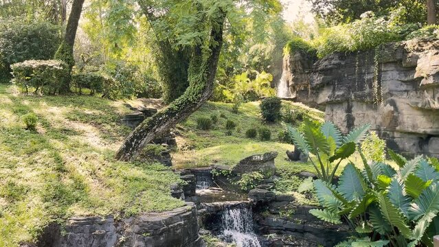 Handheld stationary view of tropical jungle area scene with two beautiful waterfalls and lush green gardens forest and foliage trees plants rocks and waters in 4K