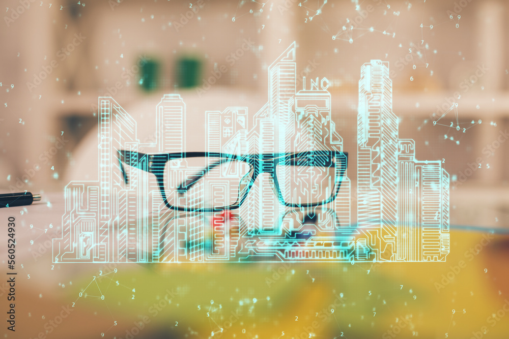 Poster high tech appartment theme hologram with glasses on the table background. double exposure.