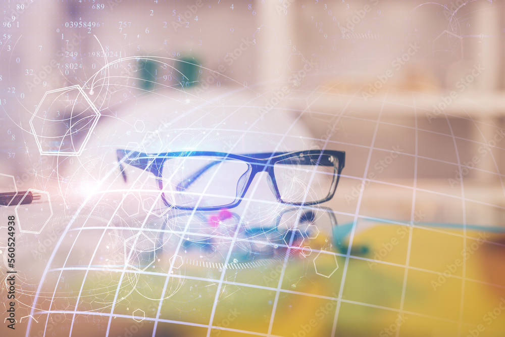 Poster map hologram with glasses on the table background. concept of globalization. double exposure.
