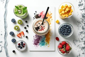  a smoothie with fruit and a variety of other fruits on a white surface with a spoon and a glass of milk on the side of the smoothie is surrounded by other fruit and a.