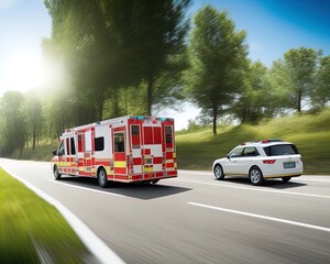 Fototapeta na wymiar Emergency vehicle with sirens on highway. 