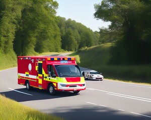 Fototapeta na wymiar Emergency vehicle with sirens on highway. 