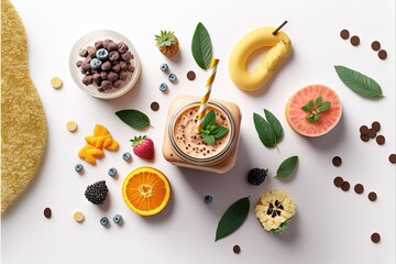 a smoothie with fruit and chocolate chips on a white surface with leaves and berries around it and a banana, a banana, a banana, and a bowl of chocolate chips, and a.