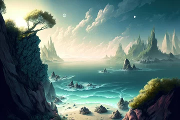 Poster Fantasy Digital Art Landscape Illustration Wallpaper with Sea Scenery. Generative AI © 2rogan