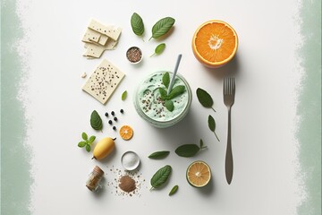  a smoothie with a spoon, orange slices, and other ingredients on a white surface with a green border around it and a fork and a spoon with a green leaf on the side.
